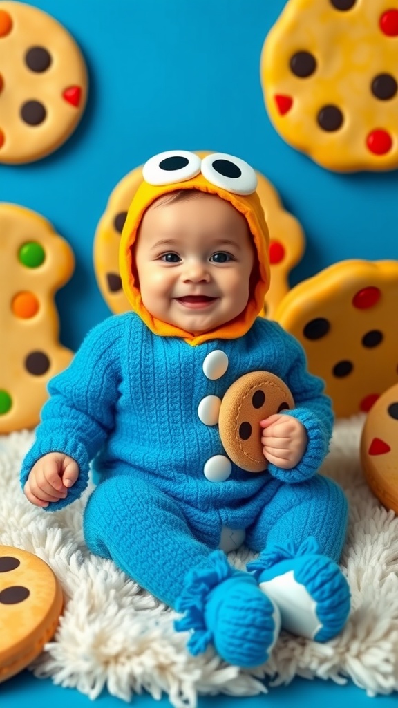 Adorable Cookie Monster-Themed 6 Month Photo Shoot Ideas A joyful 6-month-old in a Cookie Monster outfit, surrounded by cookie props and a blue backdrop.